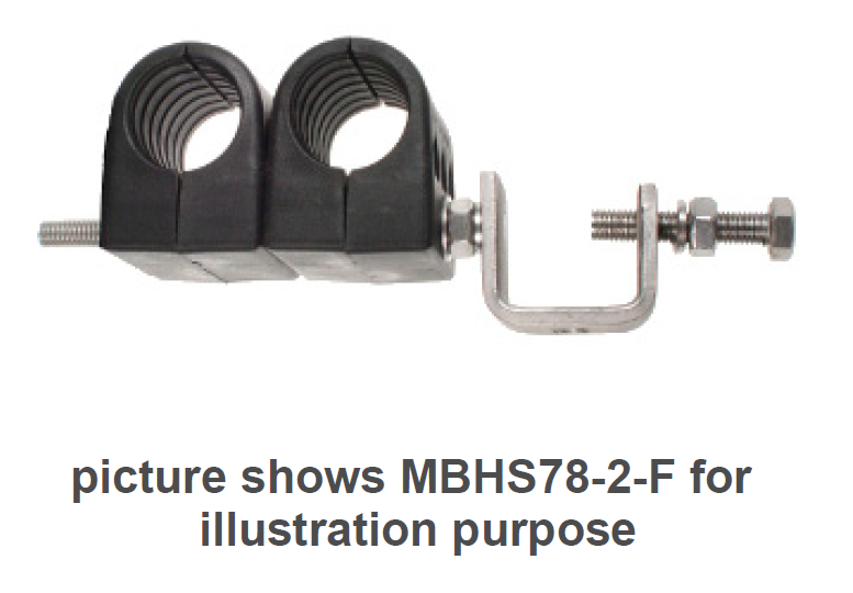 Double pipe clamp with metal screw bracket.