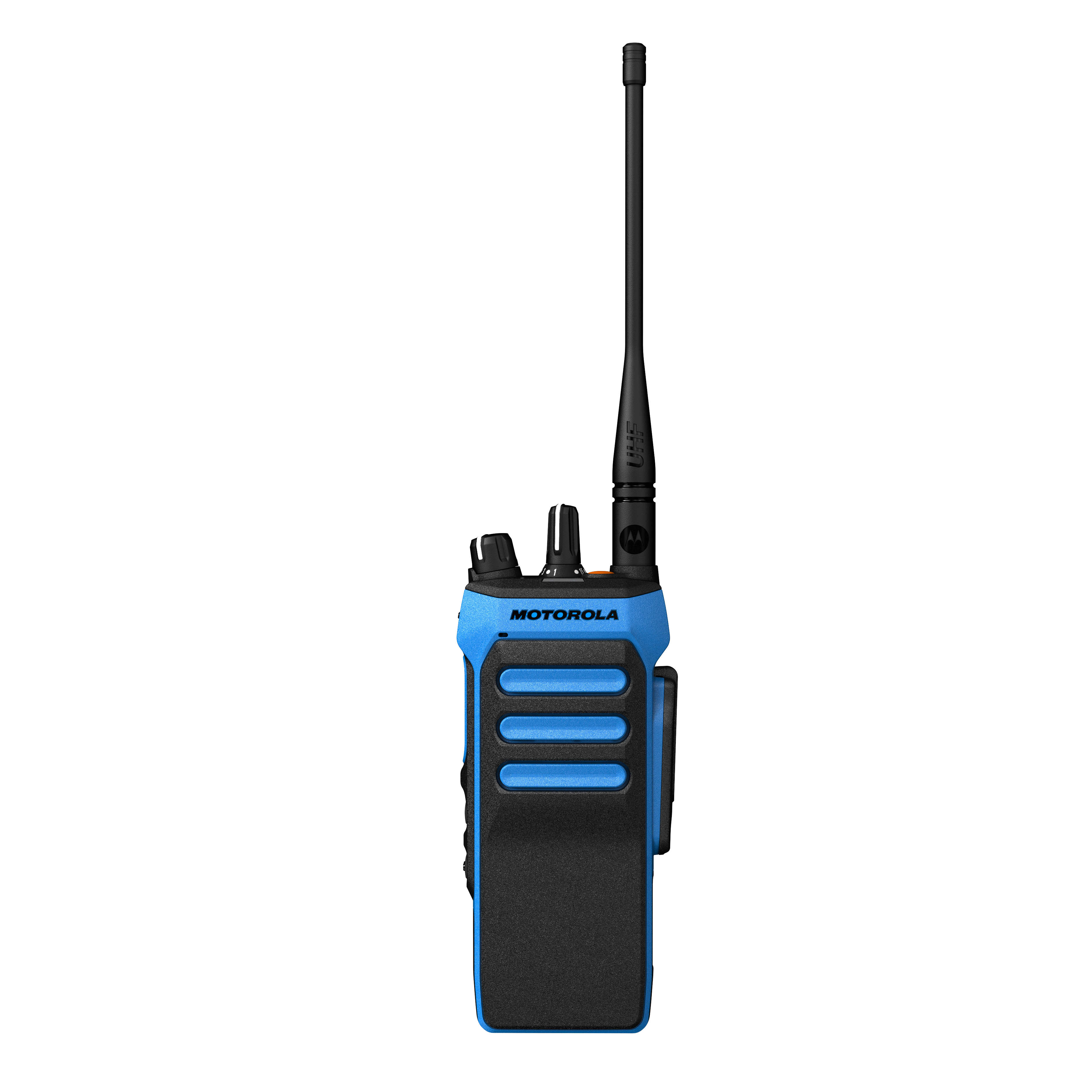 Blue walkie-talkie with black antenna and buttons.