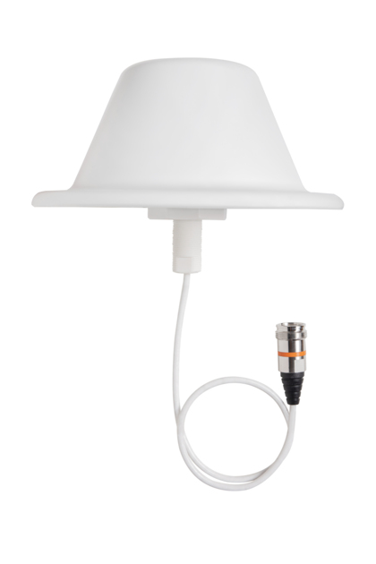 Weiße, kegelförmige Antenne mit Kabel und Stecker.