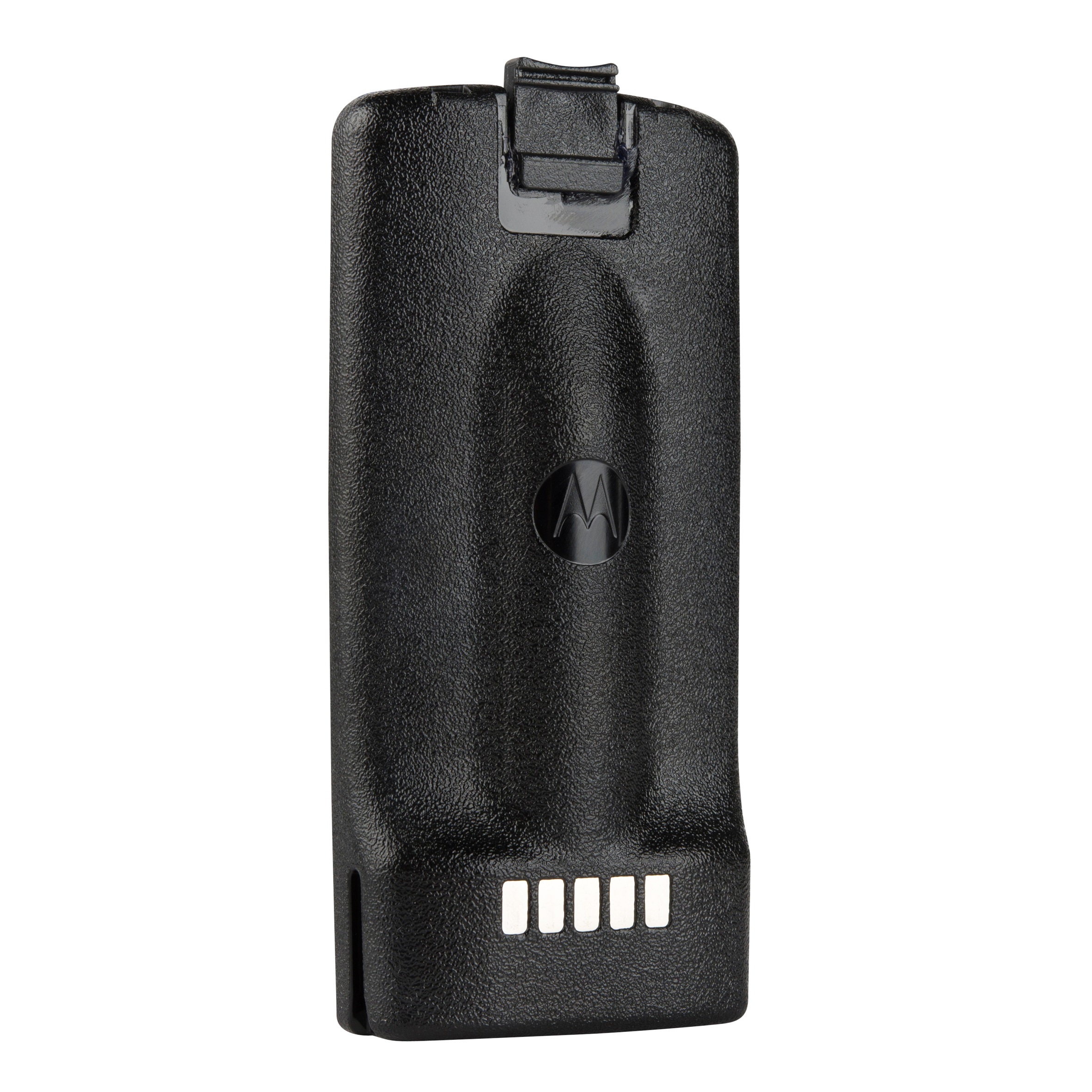 Black radio battery with clip and four contacts.