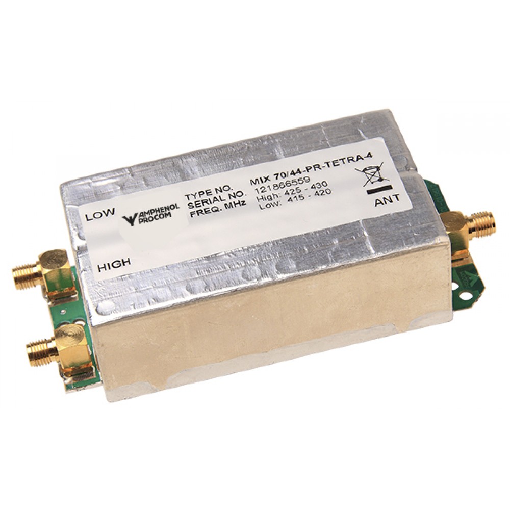 Metal housing with connectors, label shows frequency details.