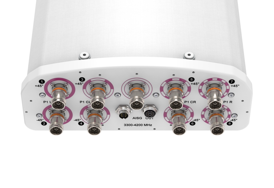 Antenna with eight connectors and two control ports, range 3300-4200 MHz.