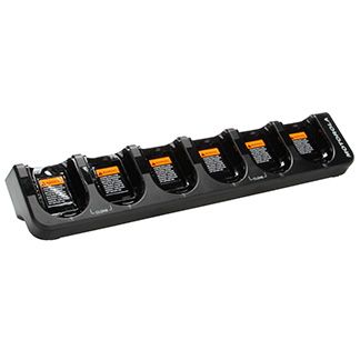 Six-slot charger for radios, black with orange indicators.