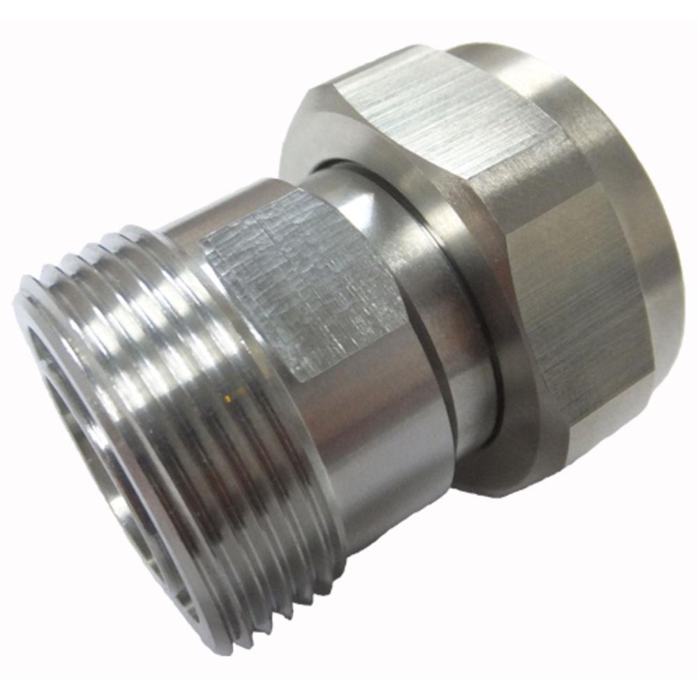 Metal fitting with male thread and hexagonal head, left view.