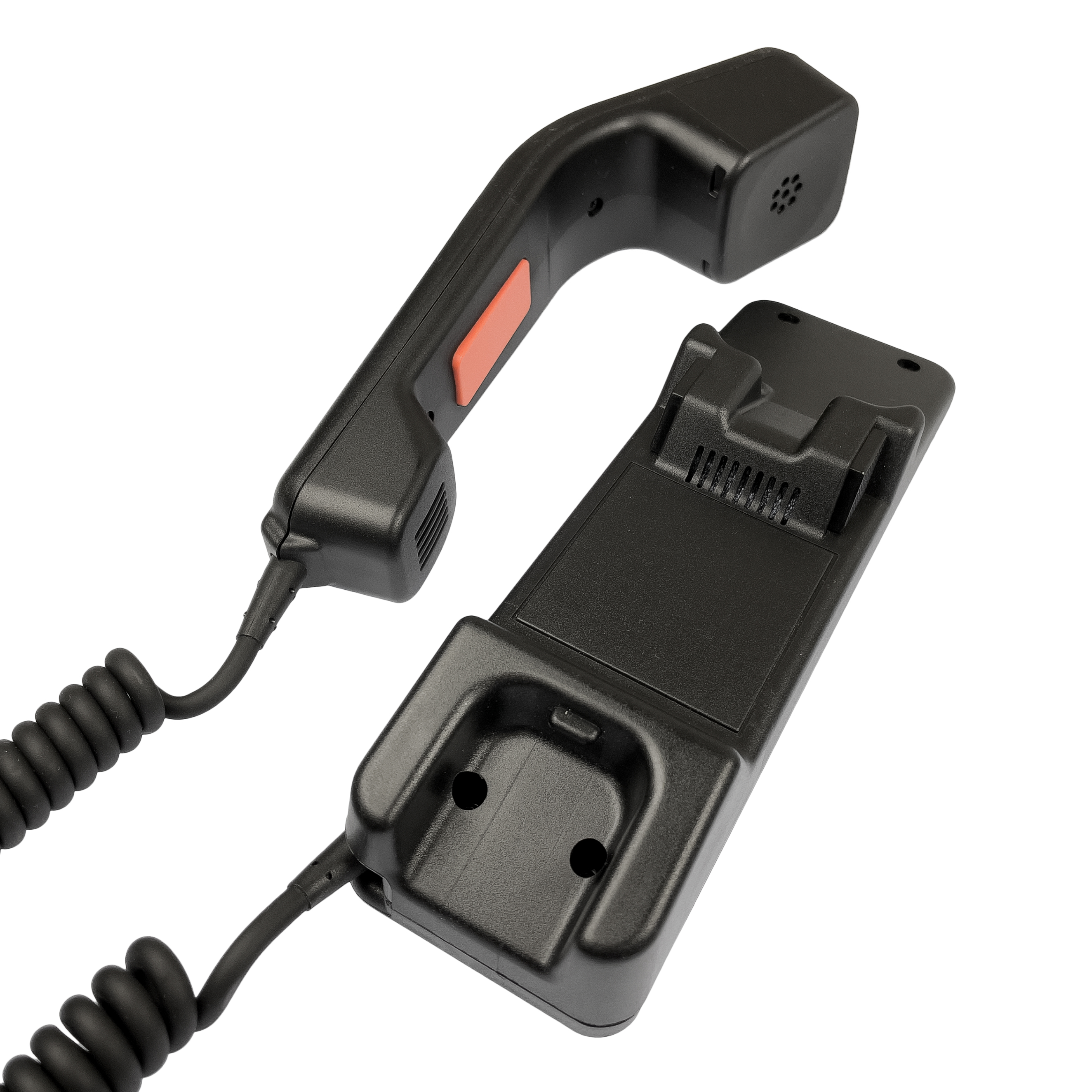 Schwarzer Telefonhörer mit Kabel und Ladestation.