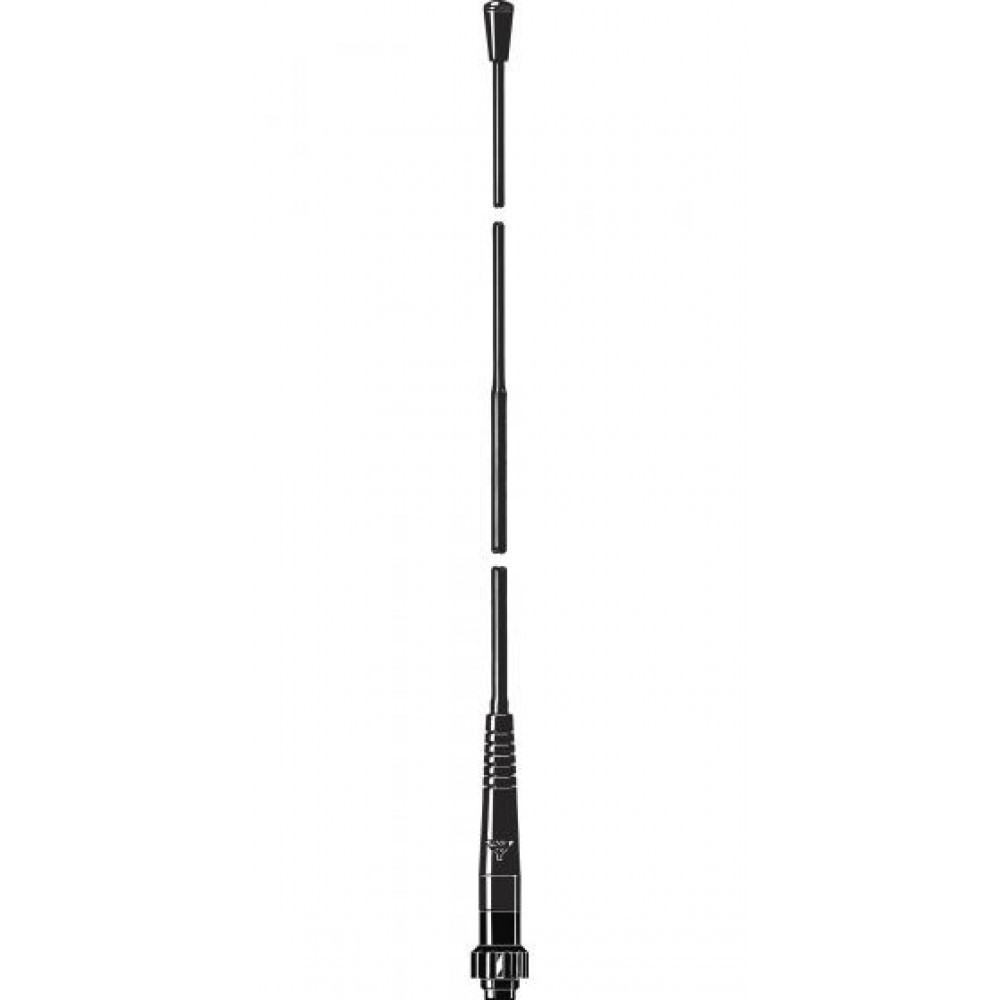 Multi-part vertical black telescopic antenna on white background.