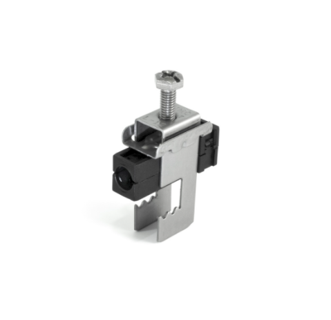 Kabelschelle aus Metall und Kunststoff mit Schraubmechanismus.