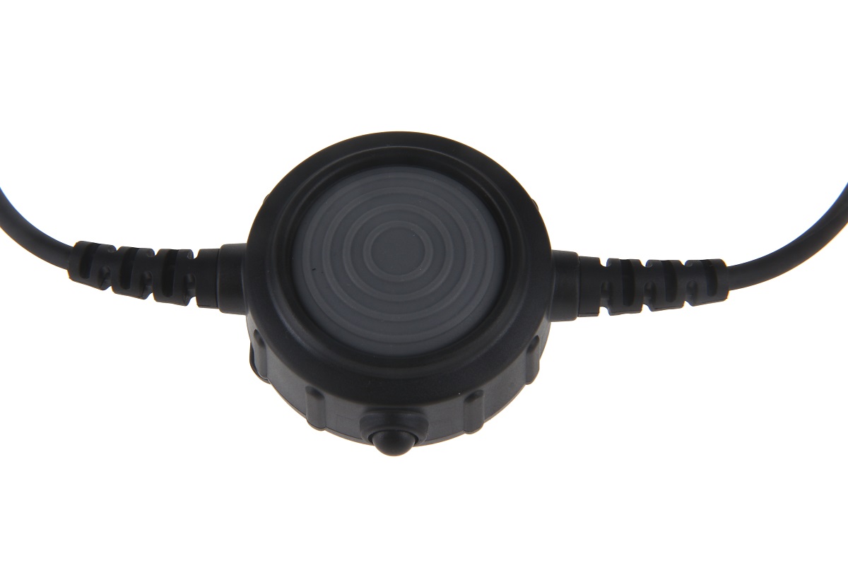 Black push button with cable connectors.