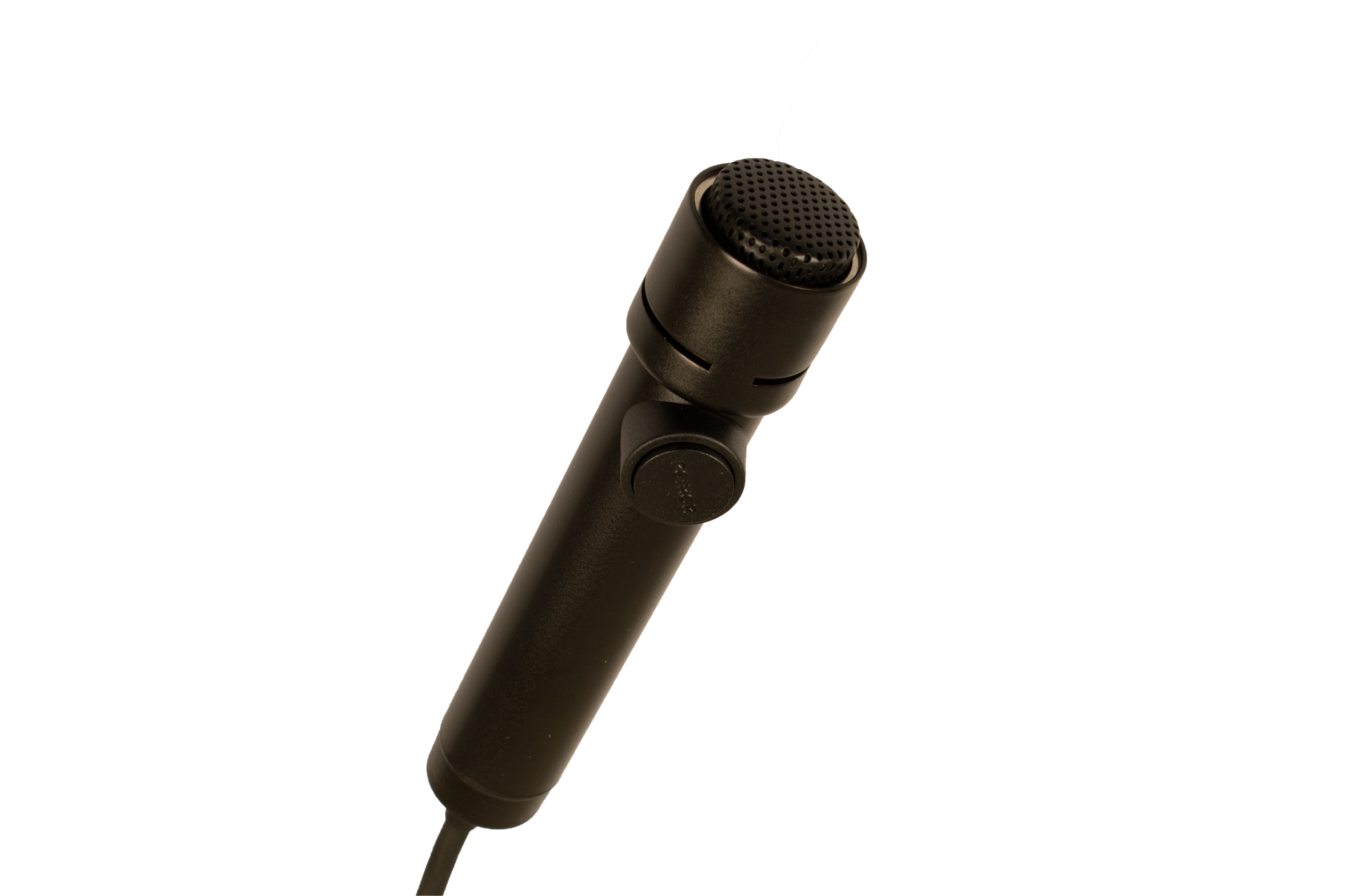 Black handheld microphone with cable, top view.
