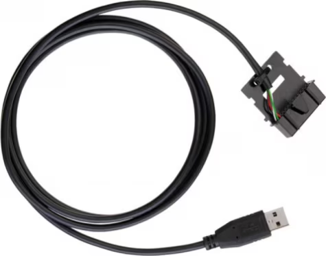 USB-Kabel mit schwarzem Stecker auf einer Schlaufe.