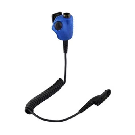 Blue coiled handset cable with two different connectors.