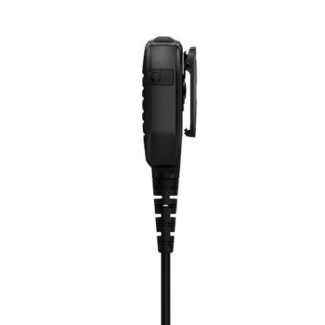 Side view of a black handheld microphone with a cable.