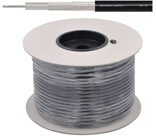 Spool with coiled cable, grey sheath with black inner core, top shows cable cross-section.