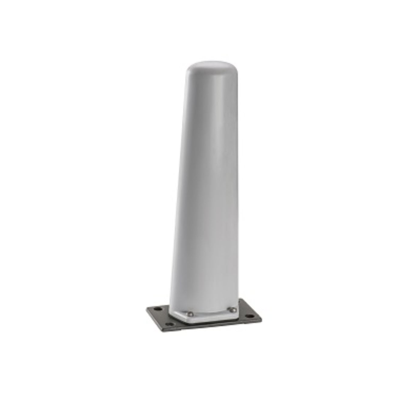 Gray, rounded metal post on a metal plate.