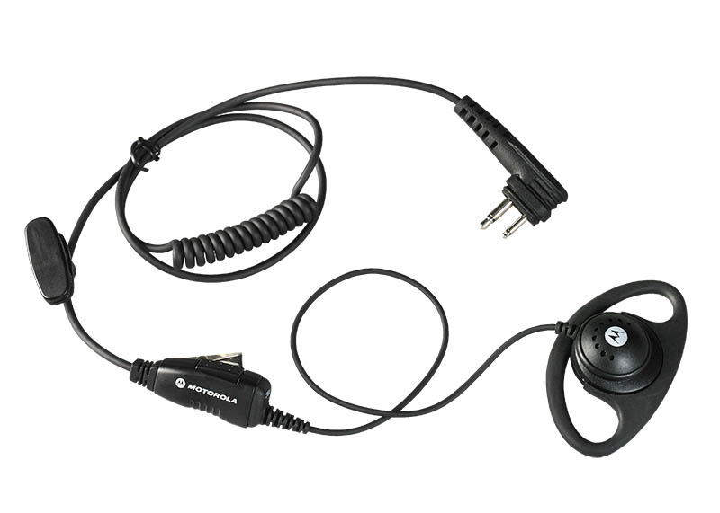 An earpiece with dual plugs and a coiled microphone cable.