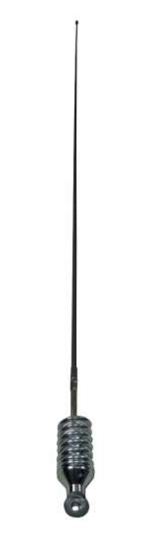 Lange Metallantenne mit einer Spule am unteren Ende.