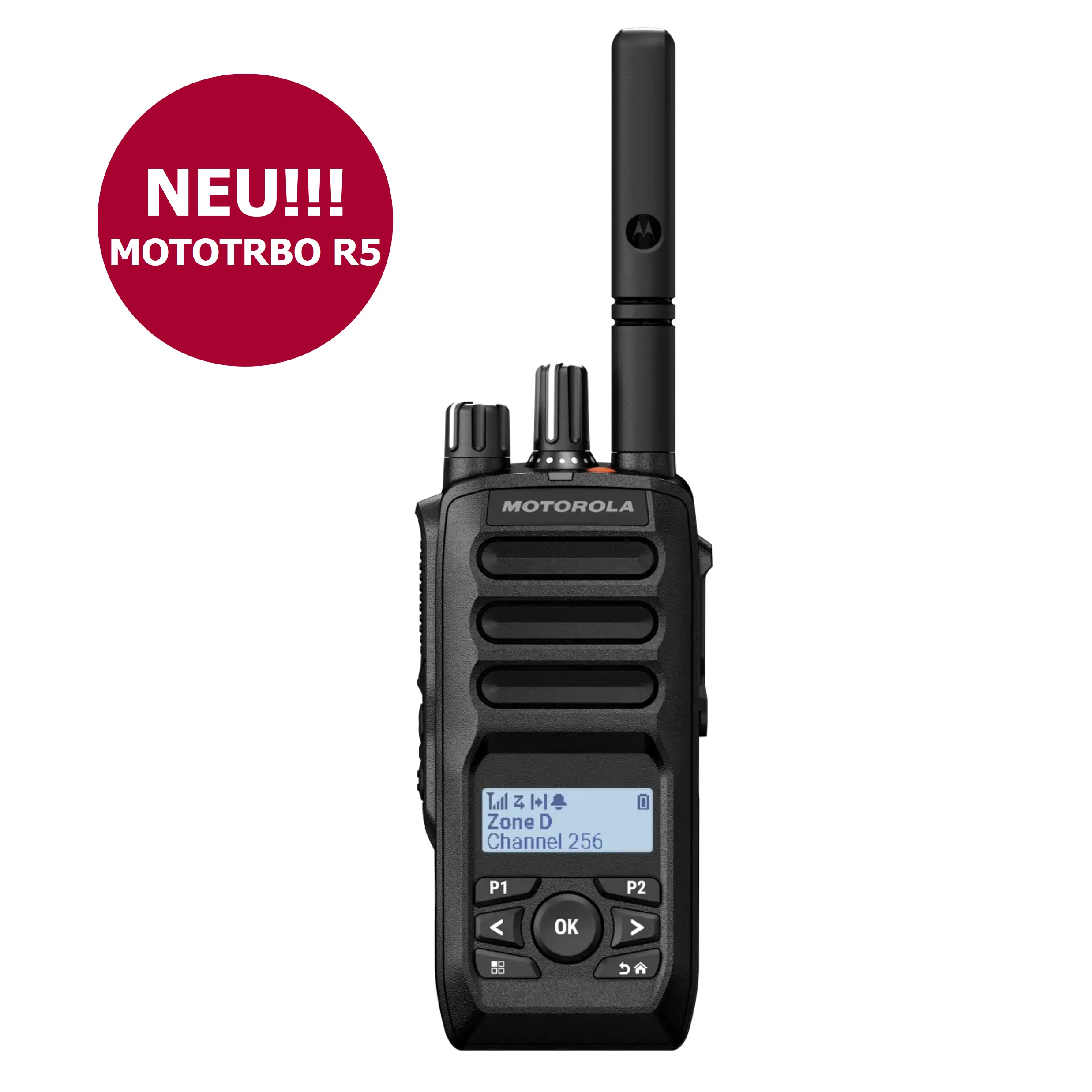 MOT_R5_01_NEU-1.jpg Funkgerät von Motorola mit Text 'NEU!!! MOTOTRBO R5' in rotem Kreis.