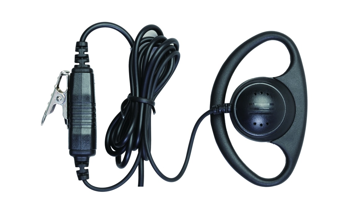 Schwarzer Ohrhörer mit Kabel und Clip.