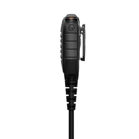 Seitliche Ansicht eines schwarzen Funkgerätezubehörs mit Kabel.
