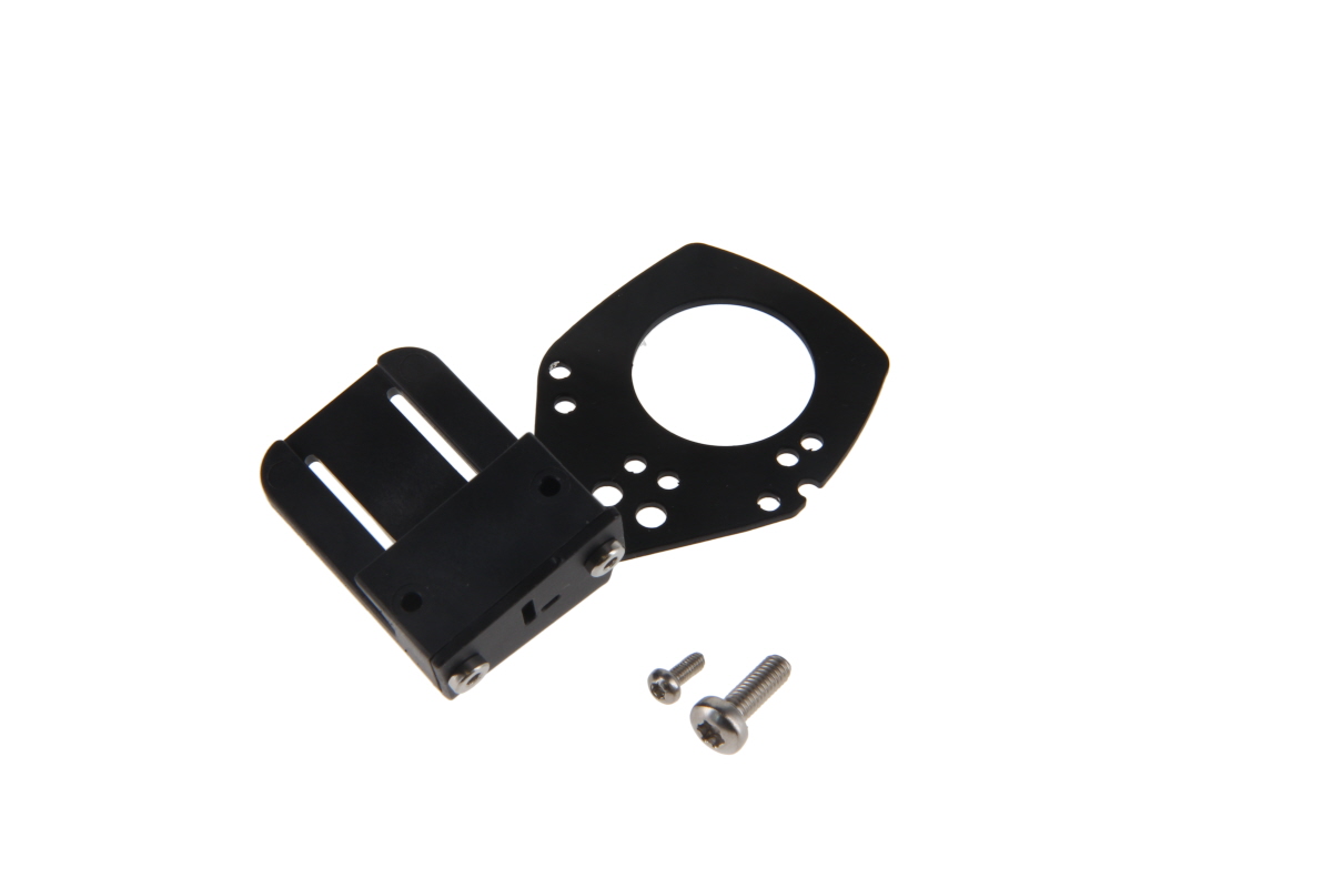 Black metal bracket with screws and plate.