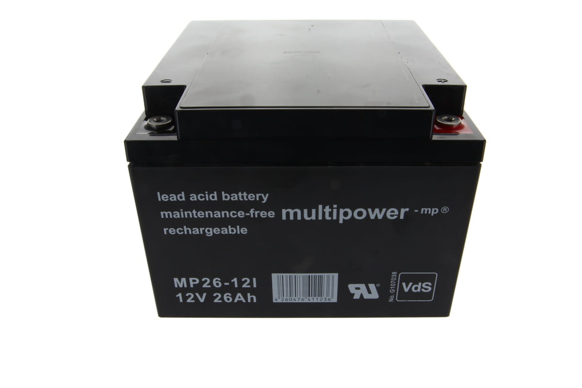 Schwarze Bleiakkumulator 12V 26Ah, wartungsfrei und wiederaufladbar.