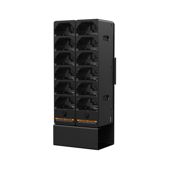 7000-00752378_mot_01.png Black 10-slot charging station for electronic devices.