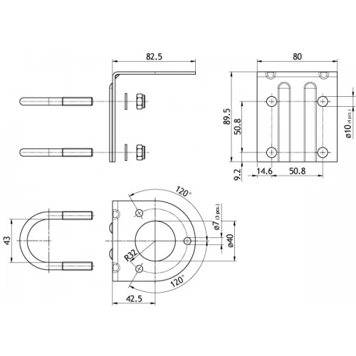 Technical drawing of a bracket with dimensions.