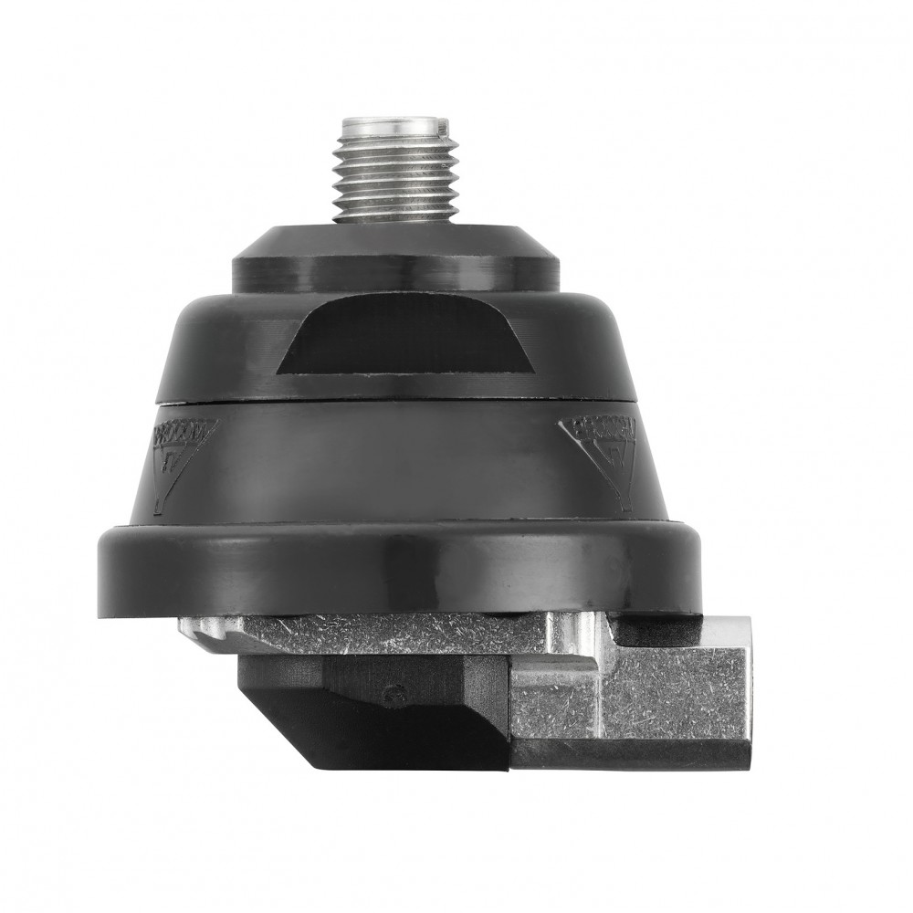 Black, conical machine part with a metal threaded tip.