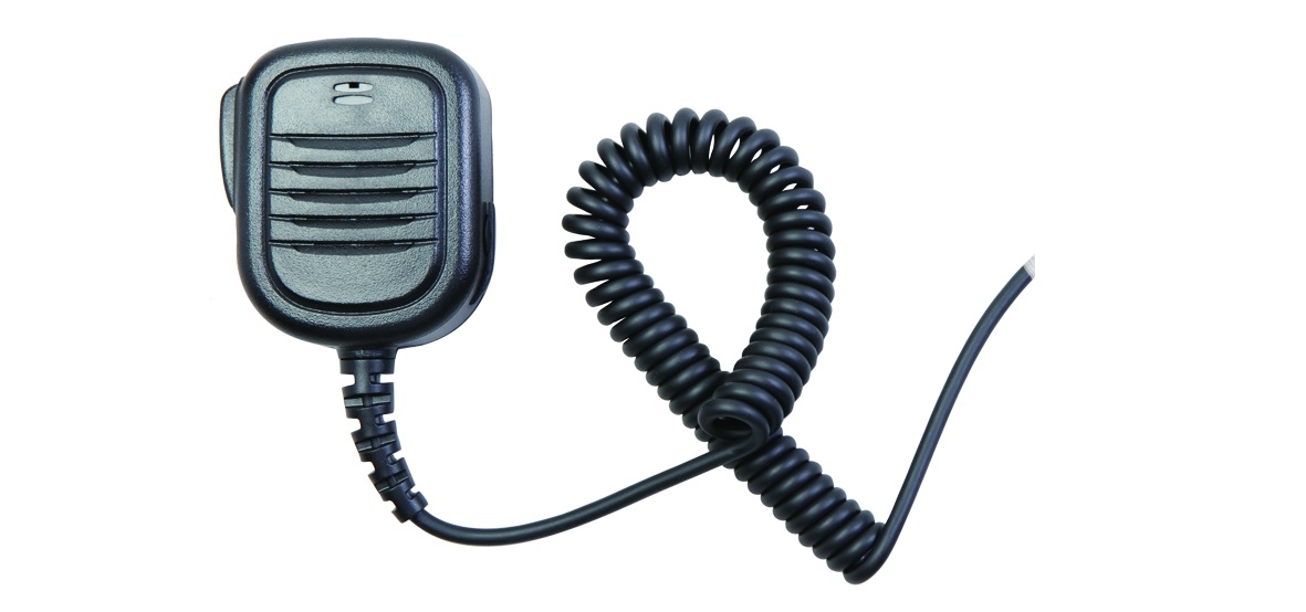 Black handheld microphone with coiled cable, connector visible.