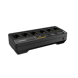 7000-00751522_mot_01.png Black charger with six slots, LED indicators.