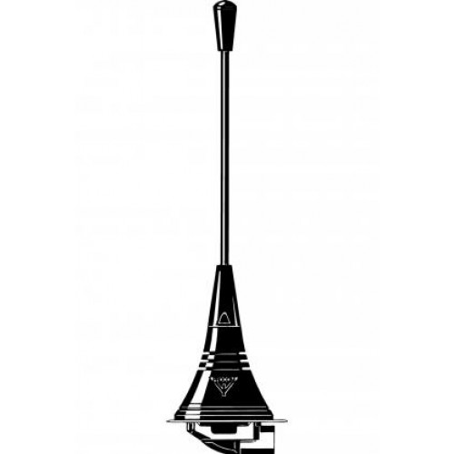 Black and white illustration of an exterior antenna with long rod and round base.