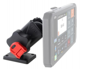 Mounting bracket with black-red swivel joint, blurred electronic device with display on the right.