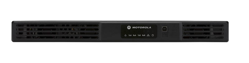 Schwarzes, flaches Gerät mit Lüftungsschlitzen und Motorola-Logo.