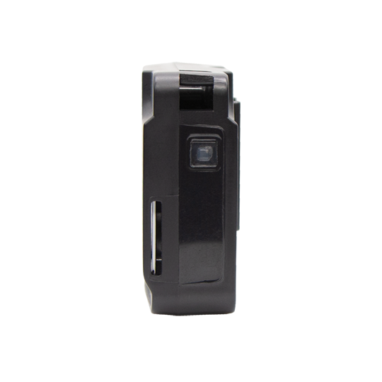 Side view of a black compact camera with lens and viewfinder.