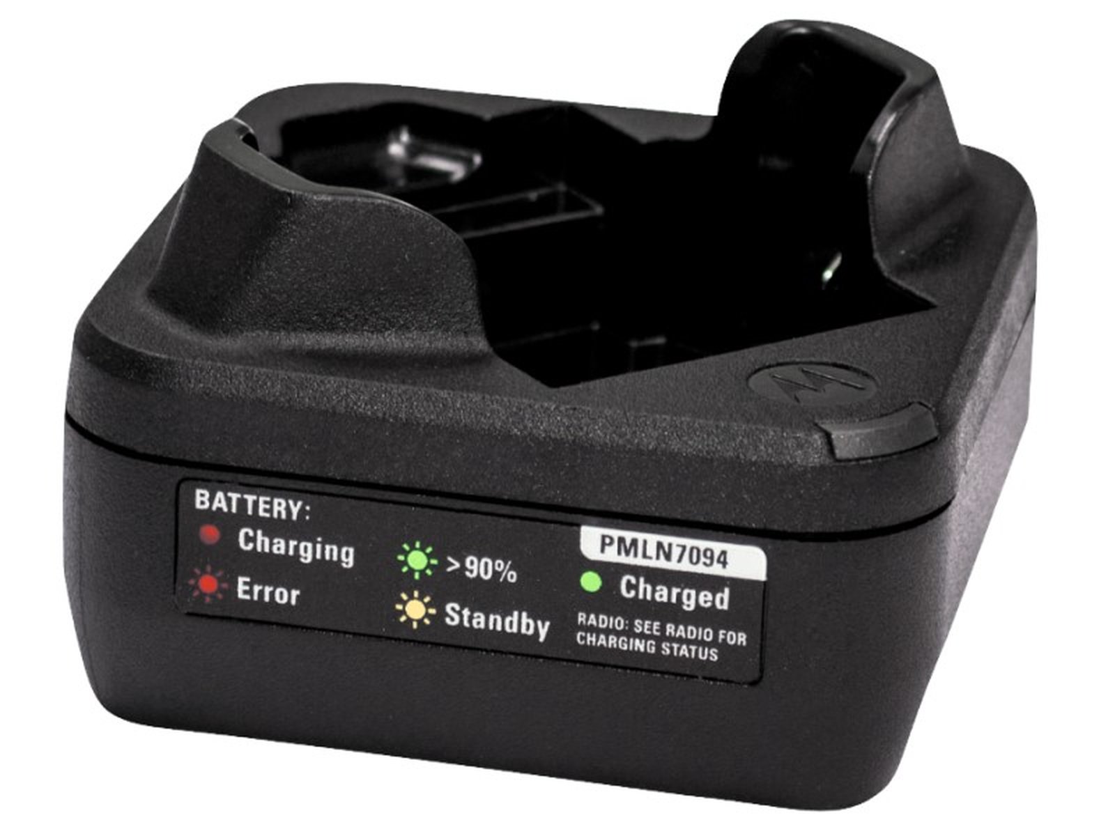 Schwarzes Ladegerät mit LED-Anzeigen für Ladevorgang, Standby, voll geladen und Fehler.