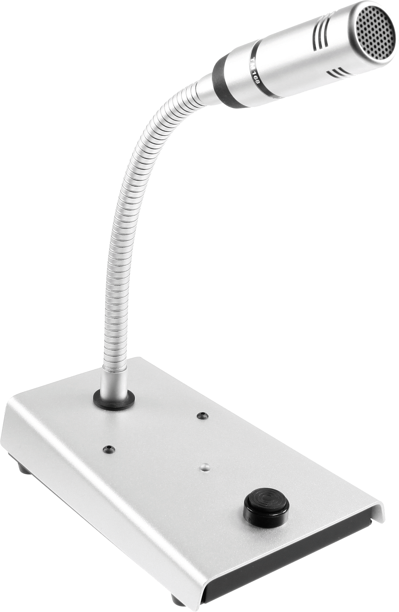 Silver desk microphone with flexible gooseneck and black control button.
