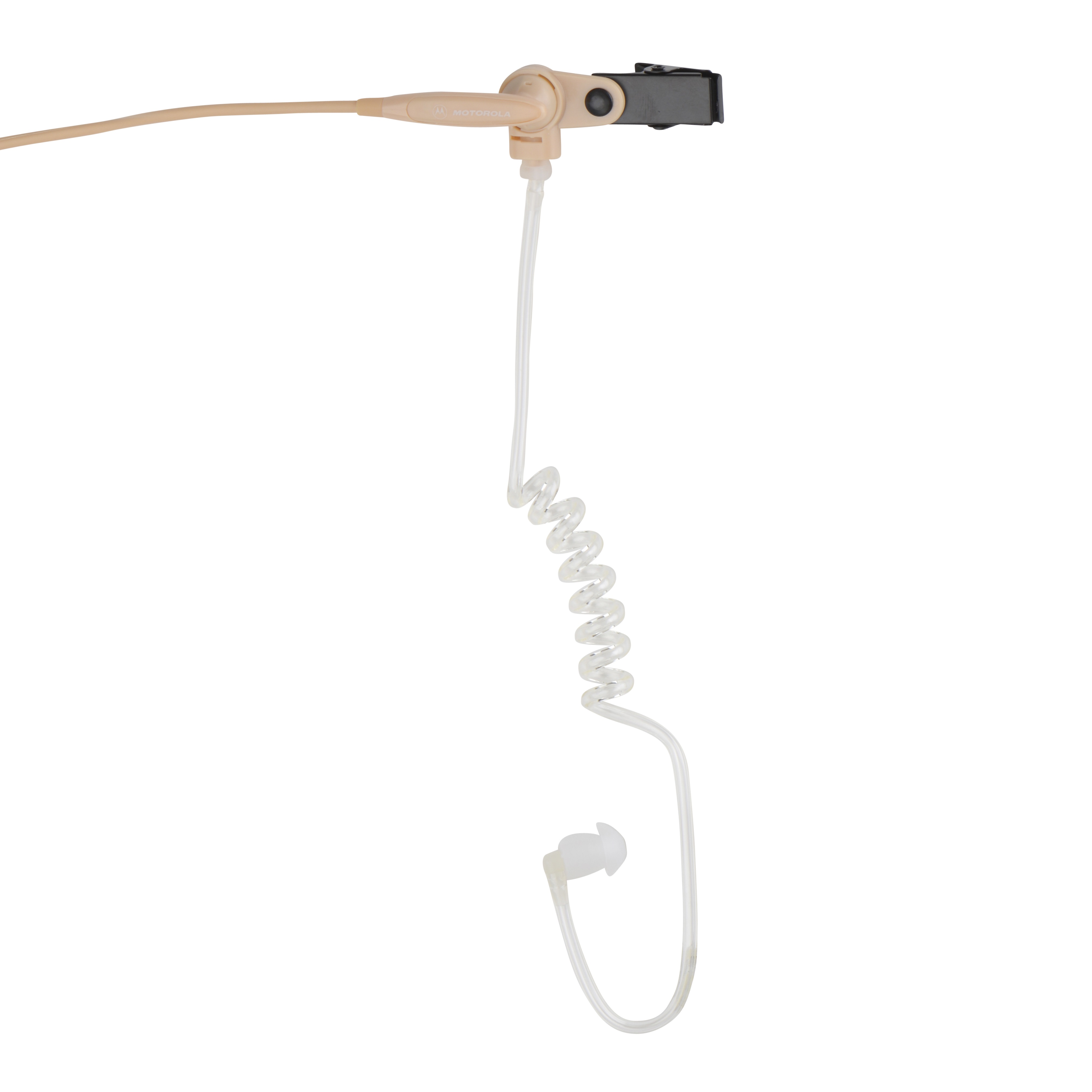 Transparent earpiece with coiled cable, beige clip.