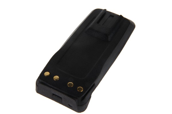 Black plastic battery with five gold contacts on one side.