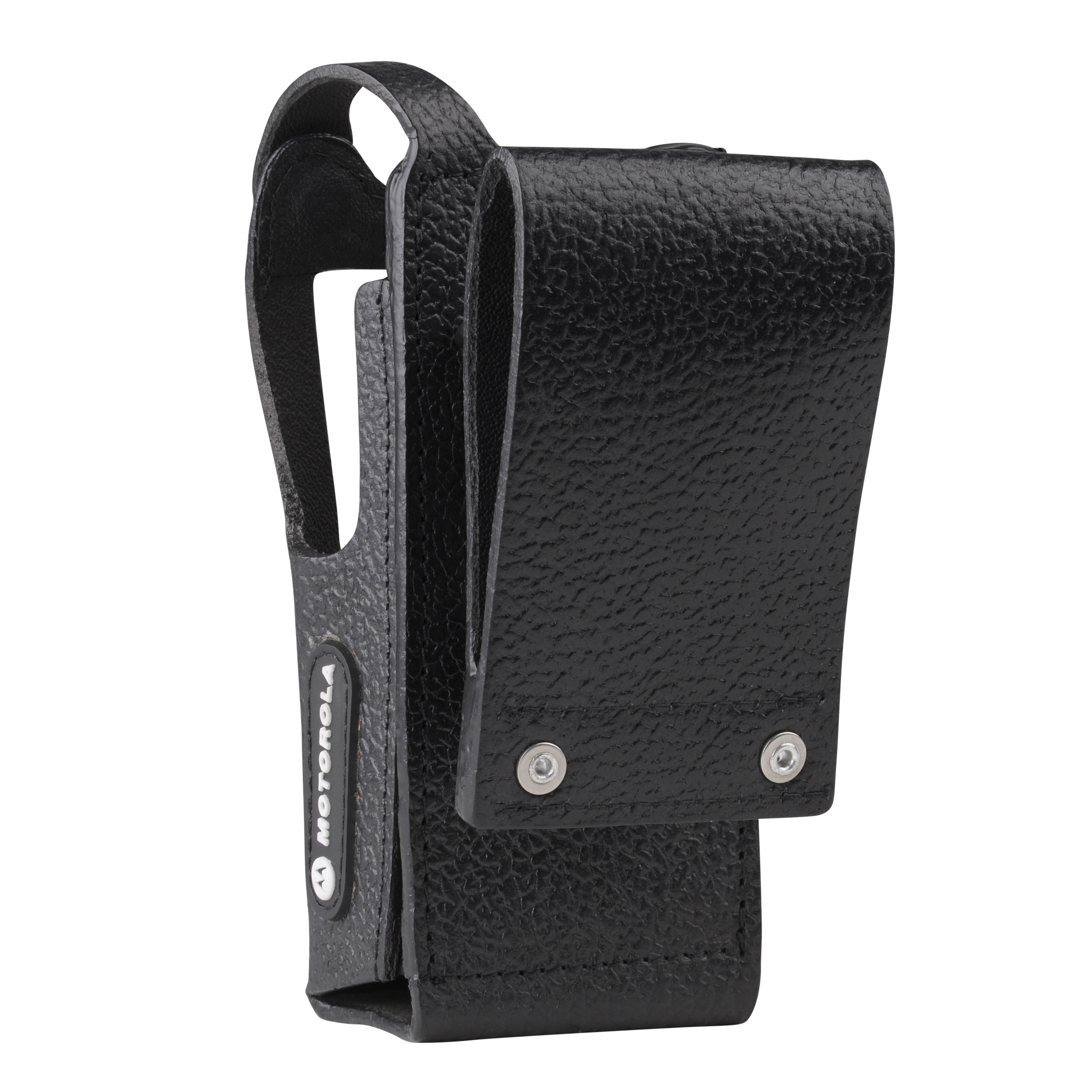 Black faux leather pouch for a handheld device with belt clip and two rivets.
