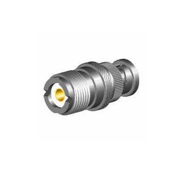 Silberner Koaxialstecker mit zylindrischer Form.