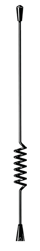 Black metal antenna with spiral middle section and conical ends.