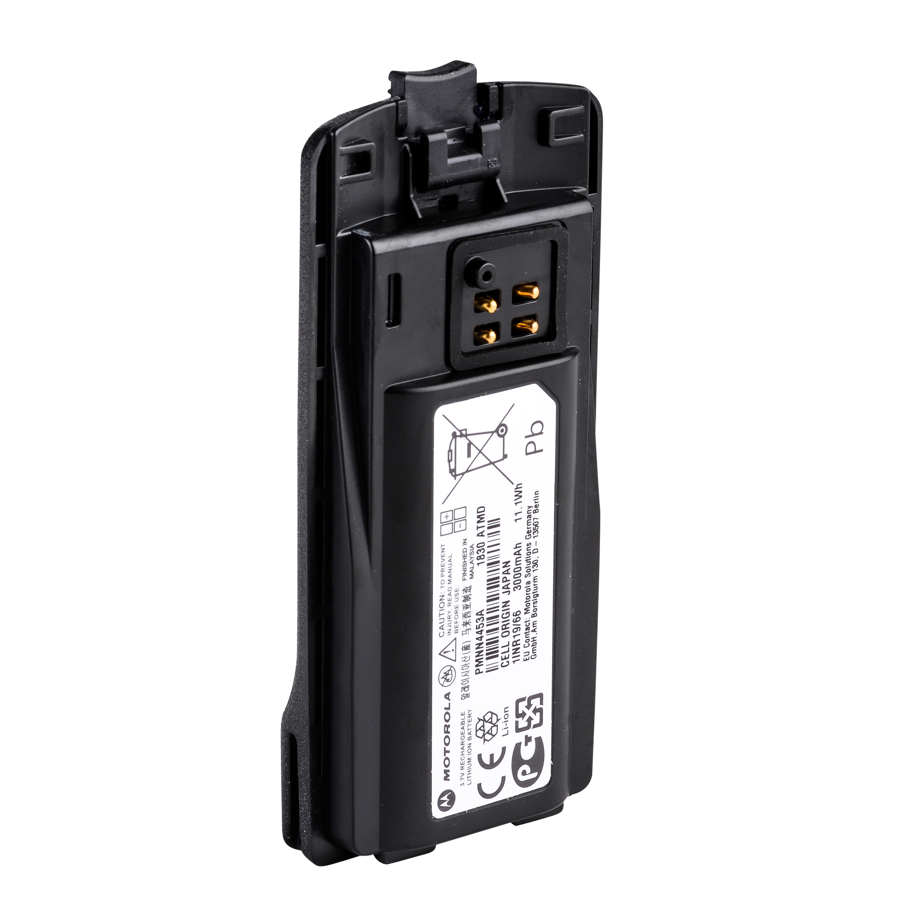 Black battery with six contacts and white label displaying technical details and symbols.