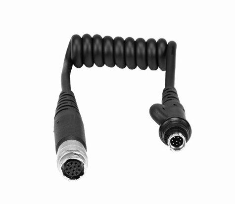 Black coiled cable with round connectors at both ends.