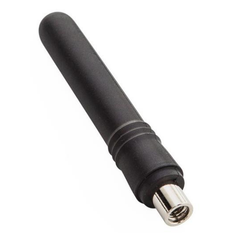 Black cylindrical antenna with metallic connector.
