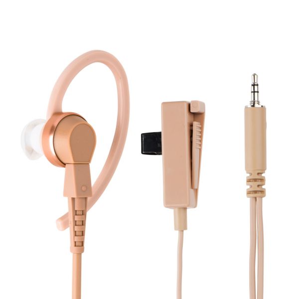 Hautfarbener Ohrhörer mit Ohrbügel, Klammer und 3,5-mm-Klinkenstecker.