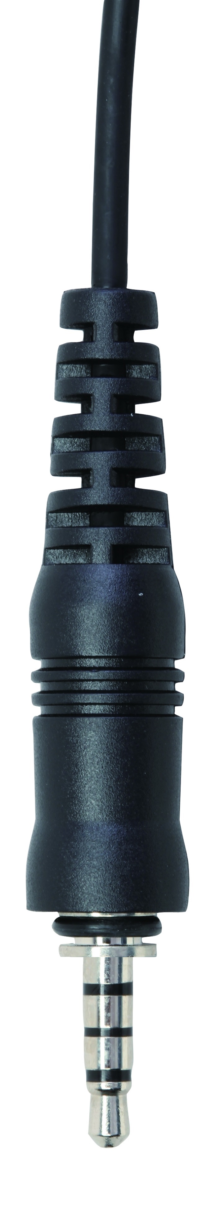 Black 3.5mm audio plug with four segments and cable.