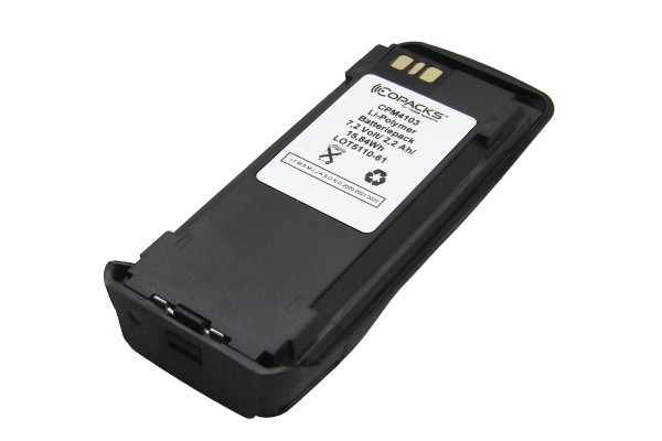 Schwarzer Lithium-Ionen-Akku mit weißem Etikett und technischen Spezifikationen.