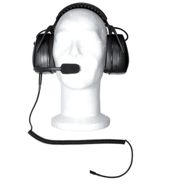Kopfmodell mit schwarzem Headset und Mikrofon, Kabel spiralförmig.