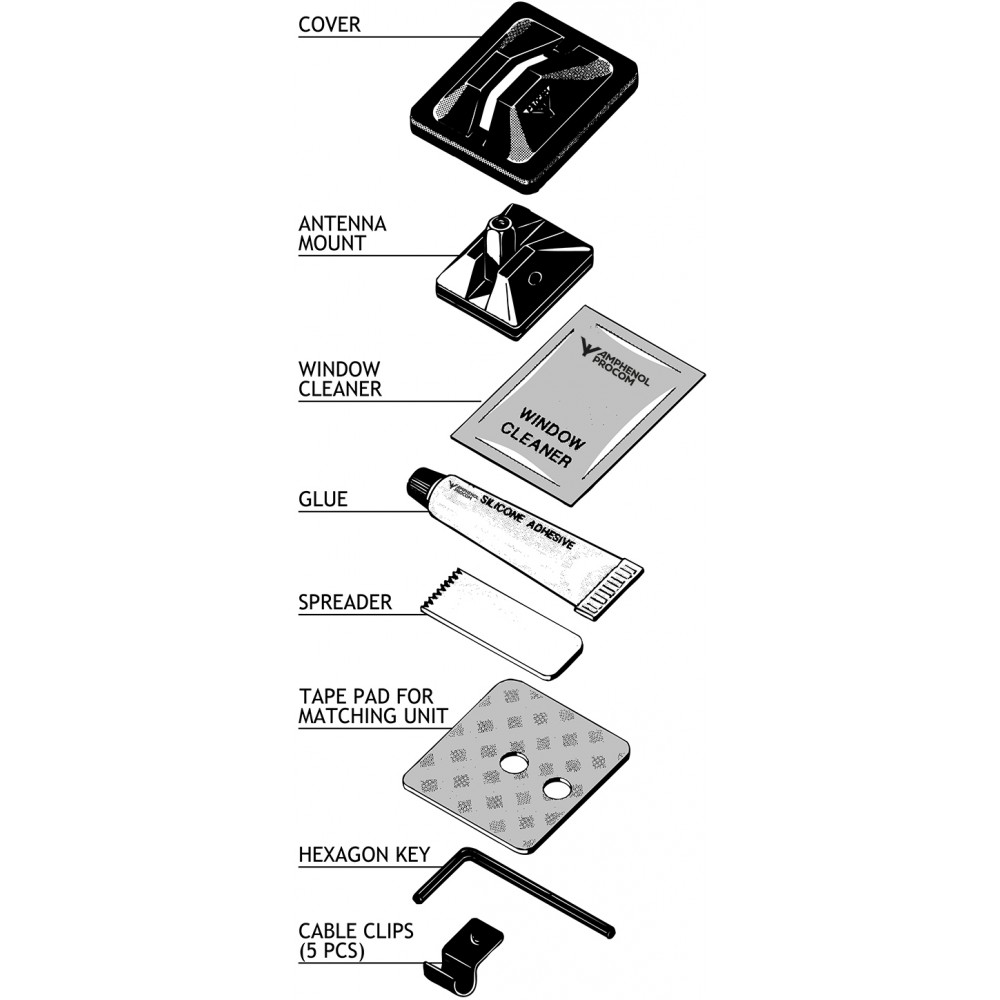 Cover, antenna mount, window cleaner, glue, spreader, tape pad, hexagon key, cable clips.
