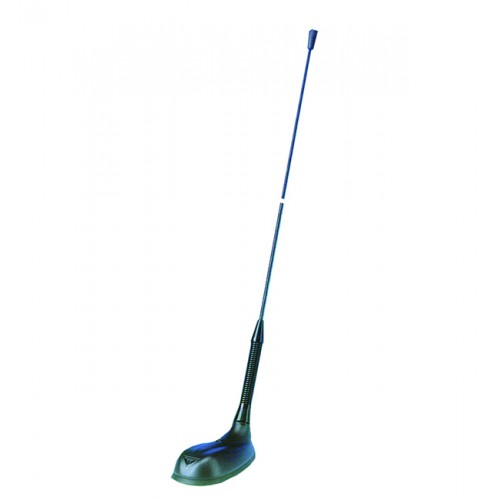 Black car antenna with flexible base and long rod.